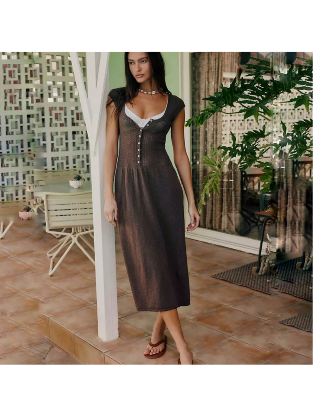 Free People Mirabelle Midi dress carafe brown knit linen cotton womens large NWT